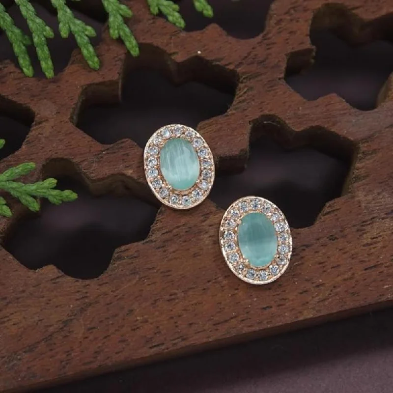 Luxury Jewelry Without The Luxury Price Tag Etnico Stylish Latest Fashion Rose Gold Plated CZ American Diamond Oval Shape Stud Earrings for Women (Mint)