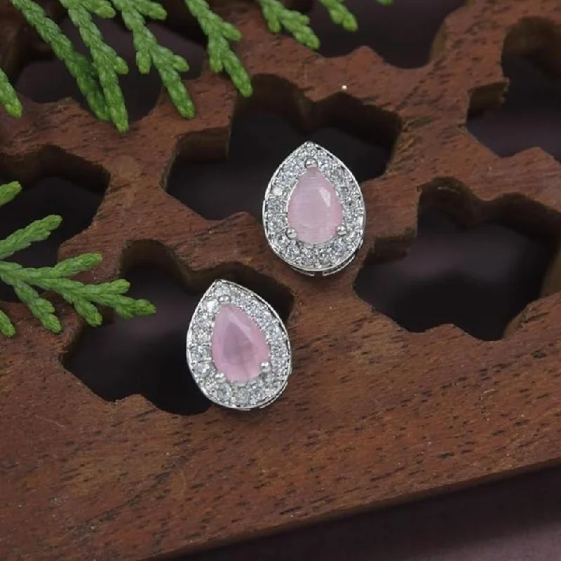 Exclusive Online Jewelry Sale – Don't Wait Etnico Stylish Latest Fashion Silver Plated CZ American Diamond Stud Earrings For Women (Pink)