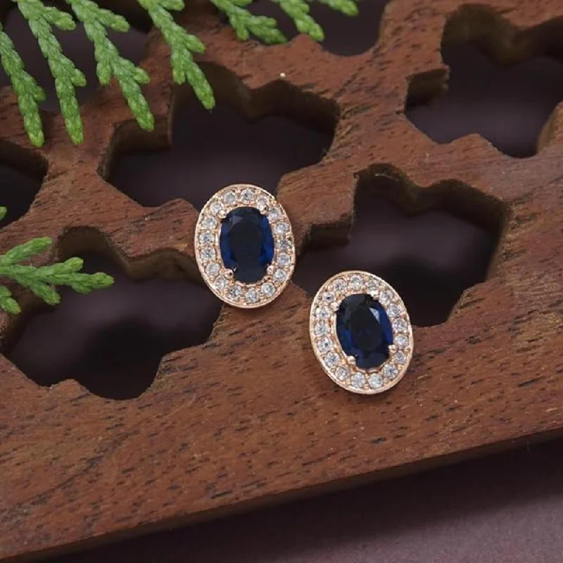 Affordable Elegance – Special Jewelry Sale Now Live Etnico Stylish Latest Fashion Rose Gold Plated CZ American Diamond Oval Shape Stud Earrings for Women (Blue)