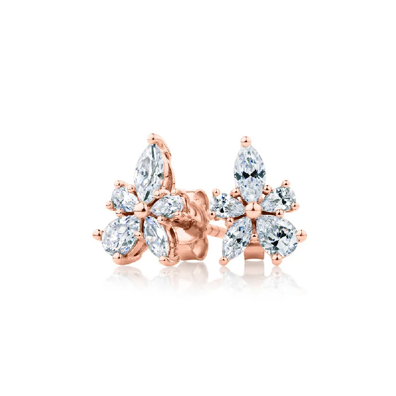 Affordable Gold-Plated Jewelry For Modern Fashion Marquise and Pear stud earrings with 1.42 carats* of diamond simulants in 10 carat rose gold