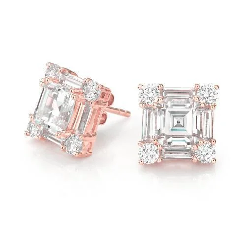 Bohemian-Inspired Jewelry For Free-Spirited Fashion Princess Cut, Baguette and Round Brilliant stud earrings with 8.42 carats* of diamond simulants in 10 carat rose gold