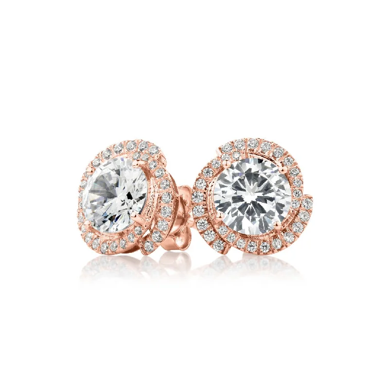 Trendy Minimalist Jewelry For Everyday Wear Round Brilliant halo stud earrings with 2.27 carats* of diamond simulants in 10 carat rose gold