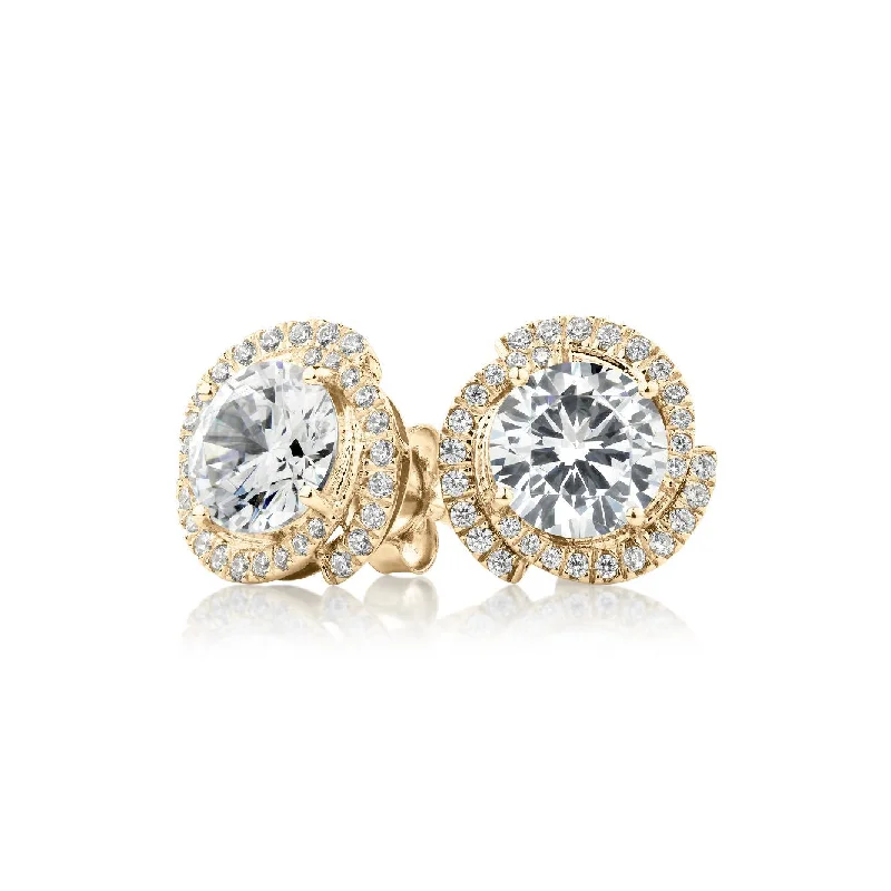 Customized Silver Jewelry For Unique Style Round Brilliant halo stud earrings with 2.27 carats* of diamond simulants in 10 carat yellow gold