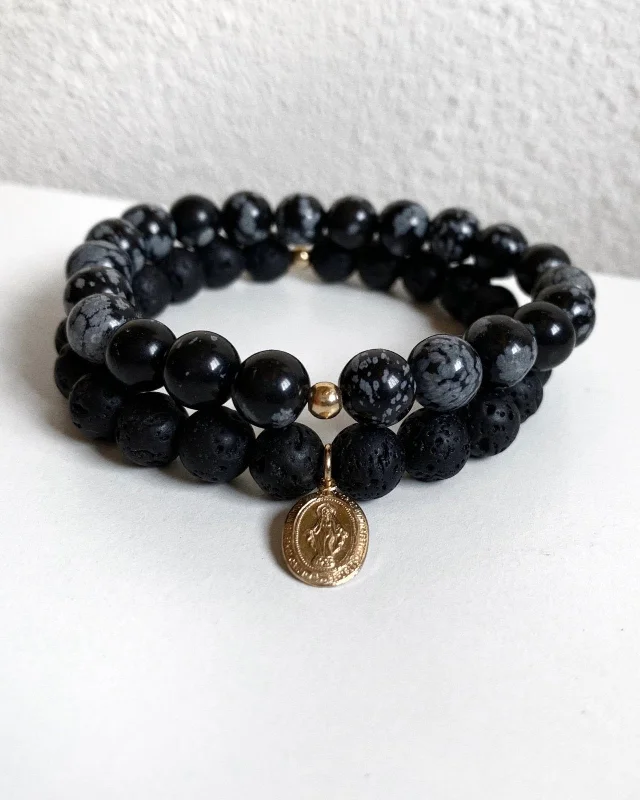 Handcrafted Jewelry Sale – Unique Designs At Low Prices Obsidian And Lava Miraculous Medal Beaded Bracelet Set (10% Off)