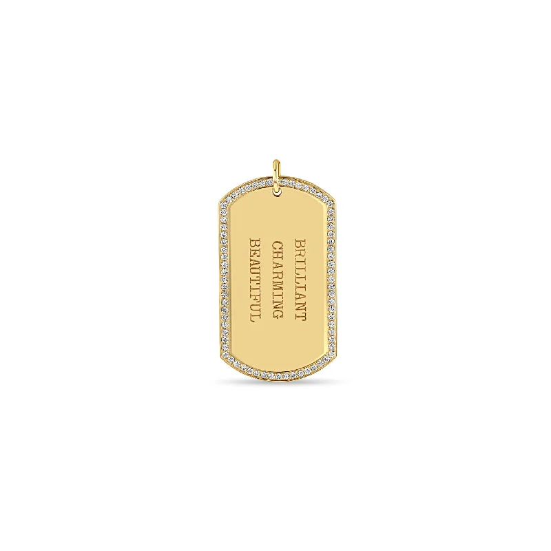 Handcrafted Beauty At Affordable Prices 14k Single Large Engraved Dog Tag with Pavé Diamond Border Pendant Handcrafted Beauty At Affordable Prices 14k Single Large Engraved Dog Tag with Pavé Diamond Border Pendant