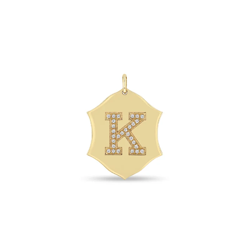 Classic And Modern Jewelry Styles On Sale 14k Single Pavé Diamond Initial Large Ornate Shield Charm Pendant Classic And Modern Jewelry Styles On Sale 14k Single Pavé Diamond Initial Large Ornate Shield Charm Pendant