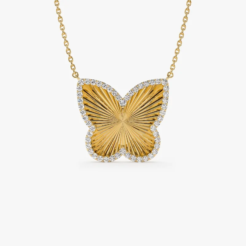 14K Textured Diamond Butterfly Charm Pendant