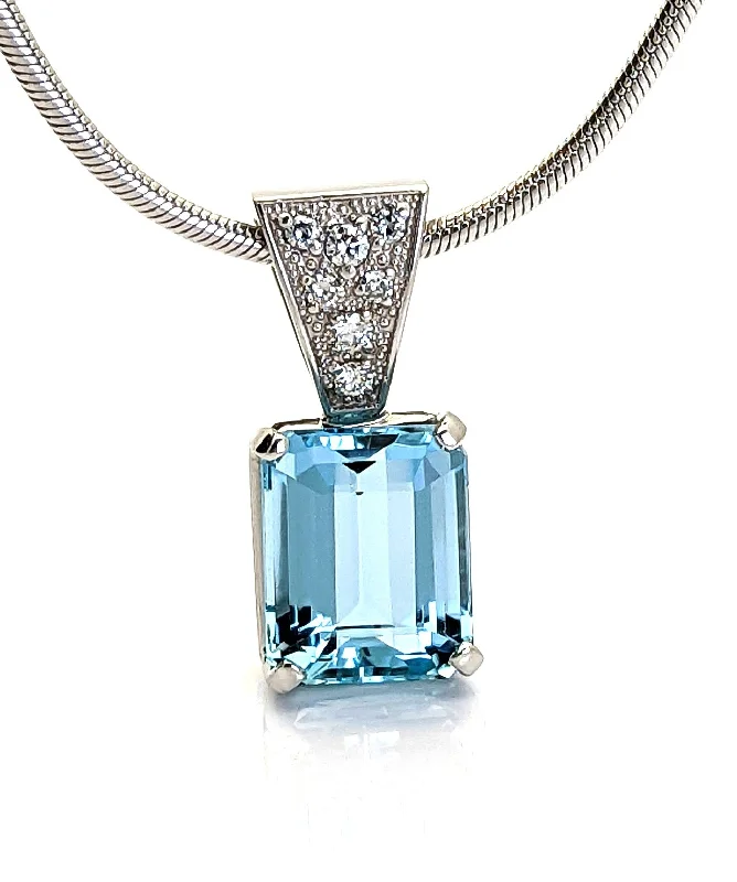 3 Carat Aquamarine Diamond Pendant 14K Solid White Gold