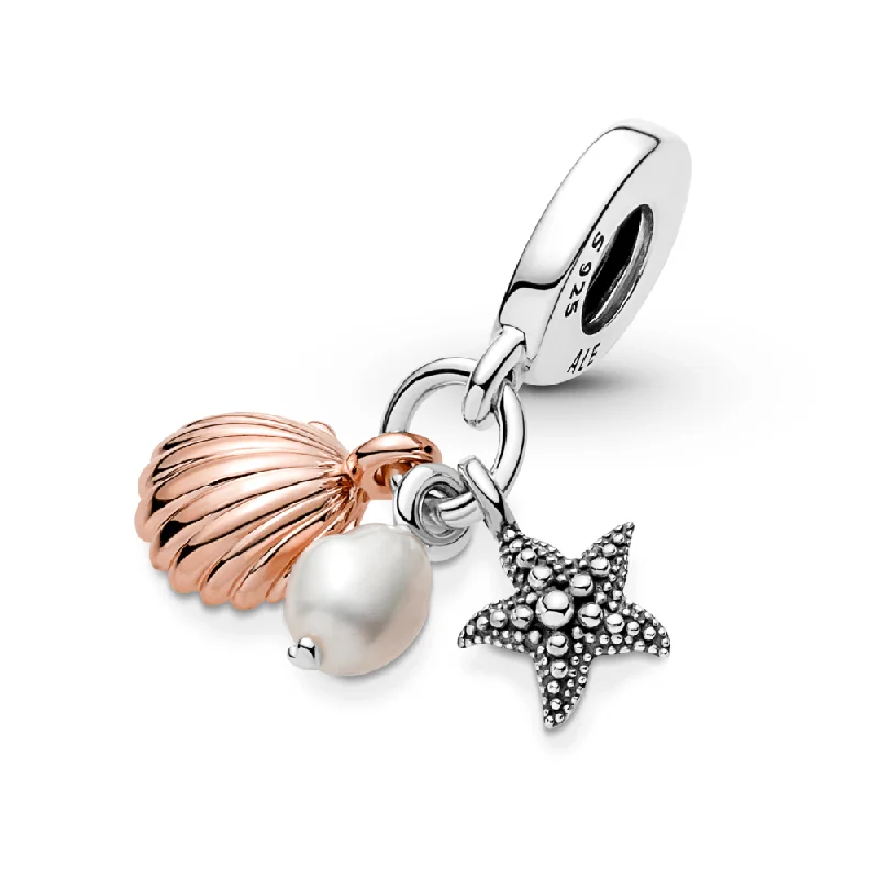 Freshwater Cultured Pearl, Starfish & Shell Triple Dangle Charm