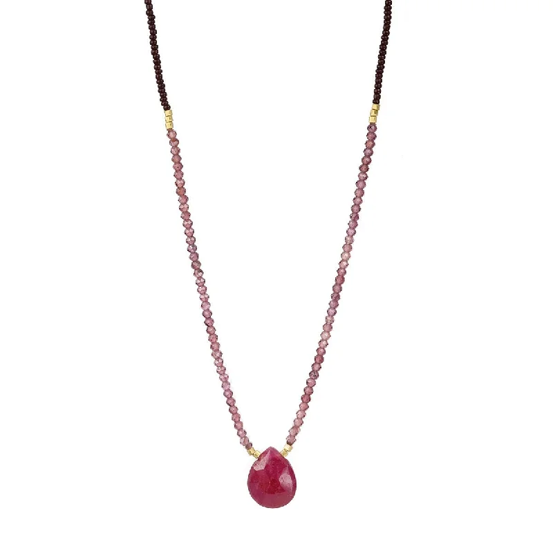 Brown Seed, Pink Garnet & Vermeil Beaded Necklace with Center Ruby Briolette Pendant