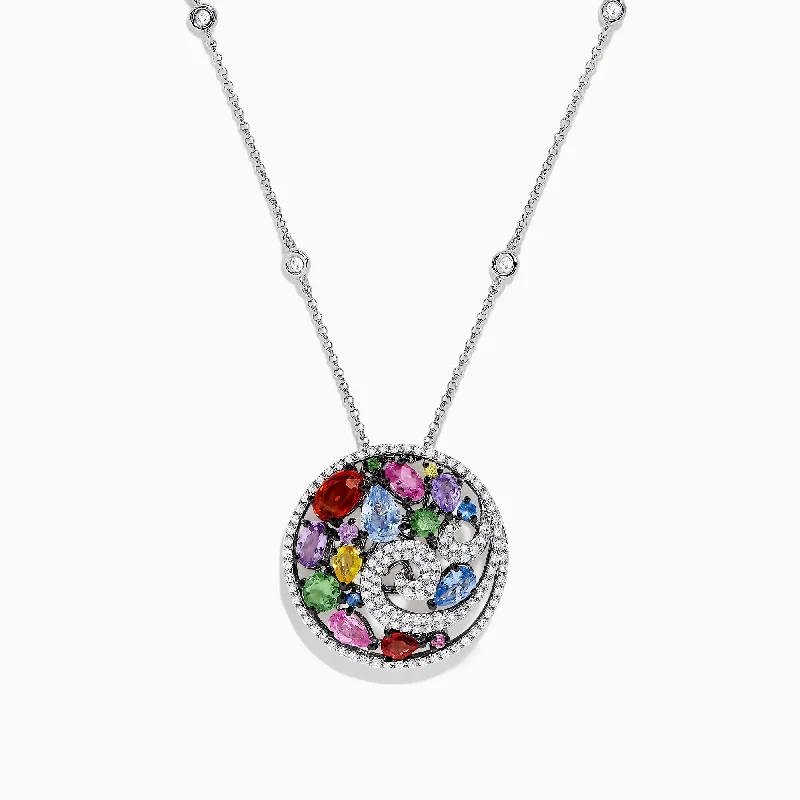 14K White Gold Multi Sapphire and Diamond Wave Pendant, 3.88 TCW