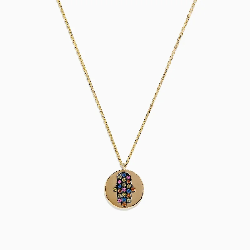 14K Yellow Gold Multi Sapphire and Diamond Hamsa Necklace, 0.33 TCW