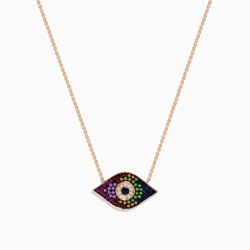 Upgrade Your Collection With Our Limited-Time Jewelry Sale Novelty 14K Rose Gold Multi Sapphire & Diamond Evil Eye Necklace