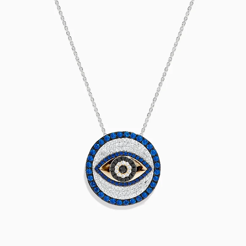 Novelty 14K Two Tone Gold Sapphire and Diamond Evil Eye Pendant