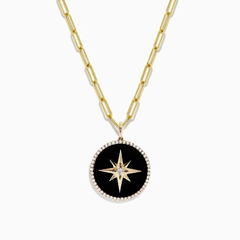 Novelty 14K Yellow Gold Onyx and Diamond Star Coin Pendant, 4.49 TCW