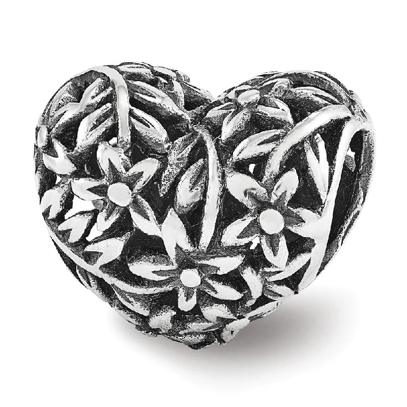 Romantic Heart-Shaped Jewelry For Special Gifts Filigree Flower Heart Bead Charm in Antiqued Sterling Silver Romantic Heart-Shaped Jewelry For Special Gifts Filigree Flower Heart Bead Charm in Antiqued Sterling Silver