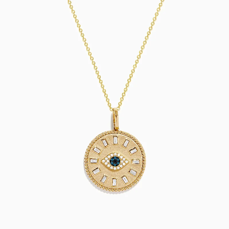 Novelty 14K Yellow Gold White, Blue and Black Diamond Evil Eye Pendant