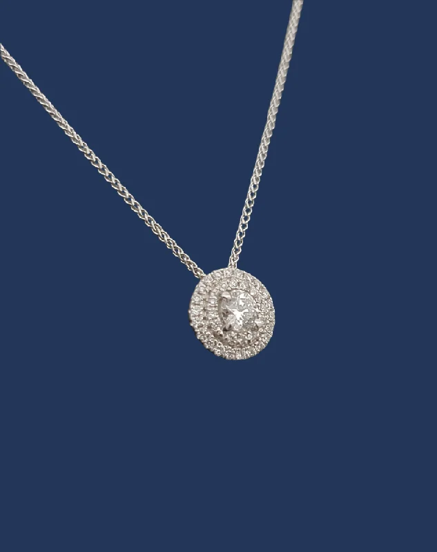 Round Natural Diamond Pendant Necklace with Halo 18K White Gold