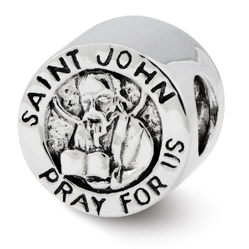 Saint John Pray for Us Cylinder Bead Charm in Antiqued Sterling Silver