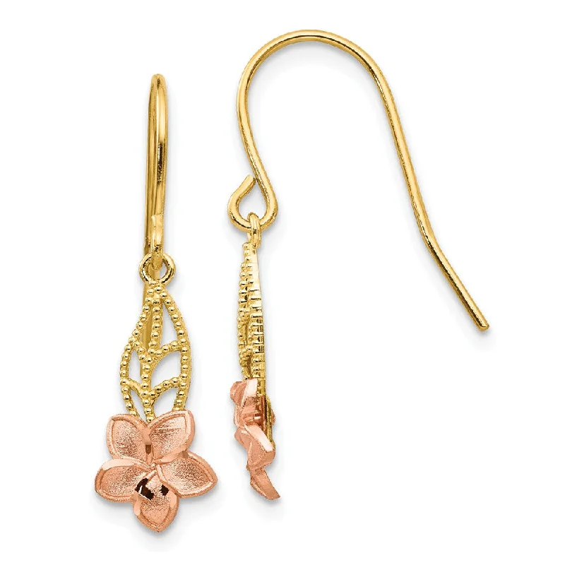 Luxury Jewelry At Unbeatable Discounts Small Two Tone Plumeria Dangle Earrings in 14k Yellow and Rose Gold Luxury Jewelry At Unbeatable Discounts Small Two Tone Plumeria Dangle Earrings in 14k Yellow and Rose Gold