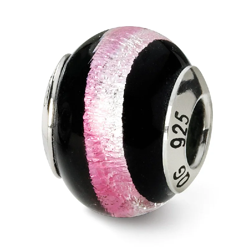 Sterling Silver, Black and Pink Striped Murano Glass Bead Charm