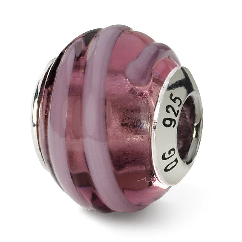 Sterling Silver, Pink and Purple Striped Murano Glass Bead Charm