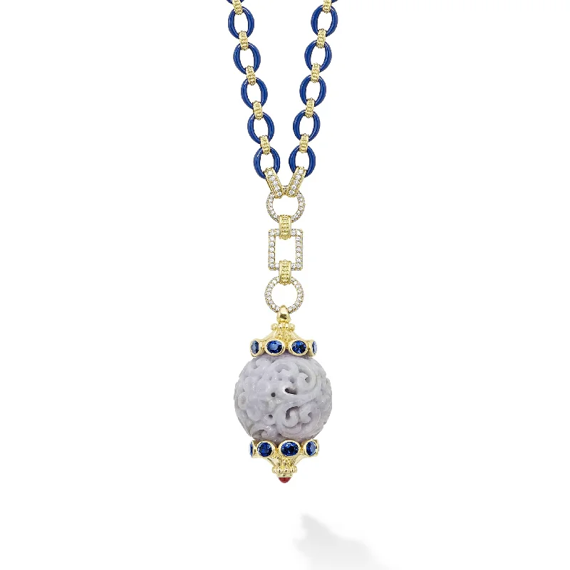 Final Call For Exquisite Jewelry At Reduced Rates Studio 18K Gold and Diamond Link Necklace with Blue Sapphires and Lavender Jade Ball Pendant Final Call For Exquisite Jewelry At Reduced Rates Studio 18K Gold and Diamond Link Necklace with Blue Sapphires and Lavender Jade Ball Pendant