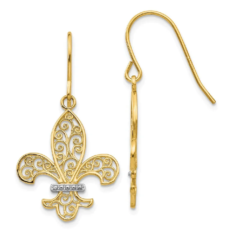 Trending Jewelry Styles Now At Limited-Time Discounts Two Tone Fleur De Lis Filigree Dangle Earrings in 14k Gold Trending Jewelry Styles Now At Limited-Time Discounts Two Tone Fleur De Lis Filigree Dangle Earrings in 14k Gold