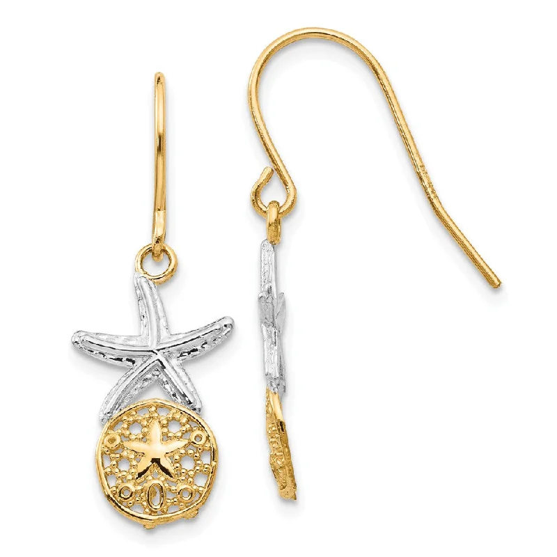 Discounted Jewelry For A Glamorous Look Two Tone Sand Dollar & Starfish Dangle Earrings in 14k Gold Discounted Jewelry For A Glamorous Look Two Tone Sand Dollar & Starfish Dangle Earrings in 14k Gold
