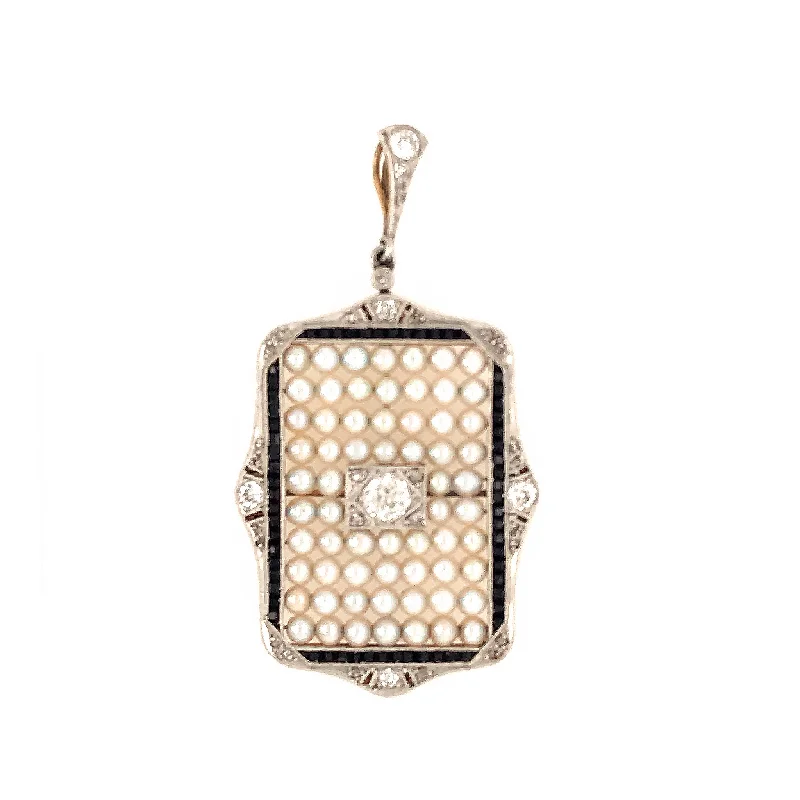 Huge Markdowns On Premium Jewelry Styles Art Deco Diamond, Onyx and Pearl Pendant