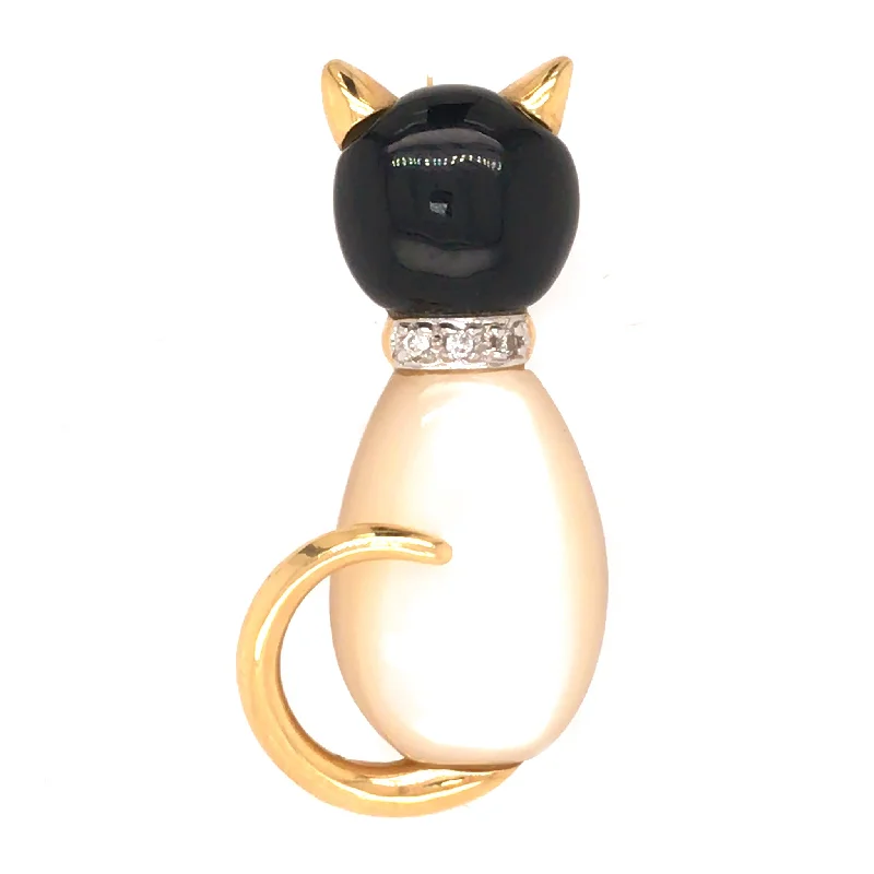 Discounted Luxury Jewelry – Shine Without The Splurge Cat Lover and Proud of it. 14K Mother of Pearl and Onyx Diamond Collar Cat Pin