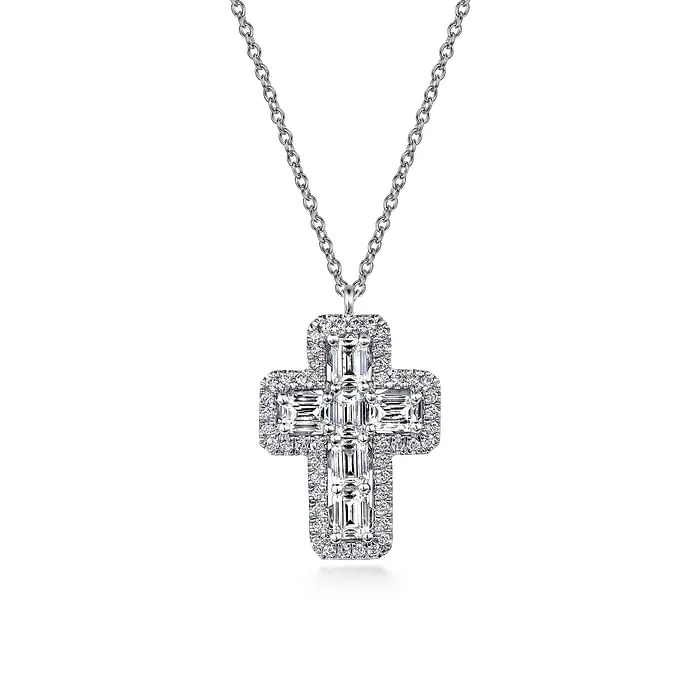 Shop Jewelry That Shines Without The High Price 14K White Gold Emerald Cut Diamond Cross Necklace