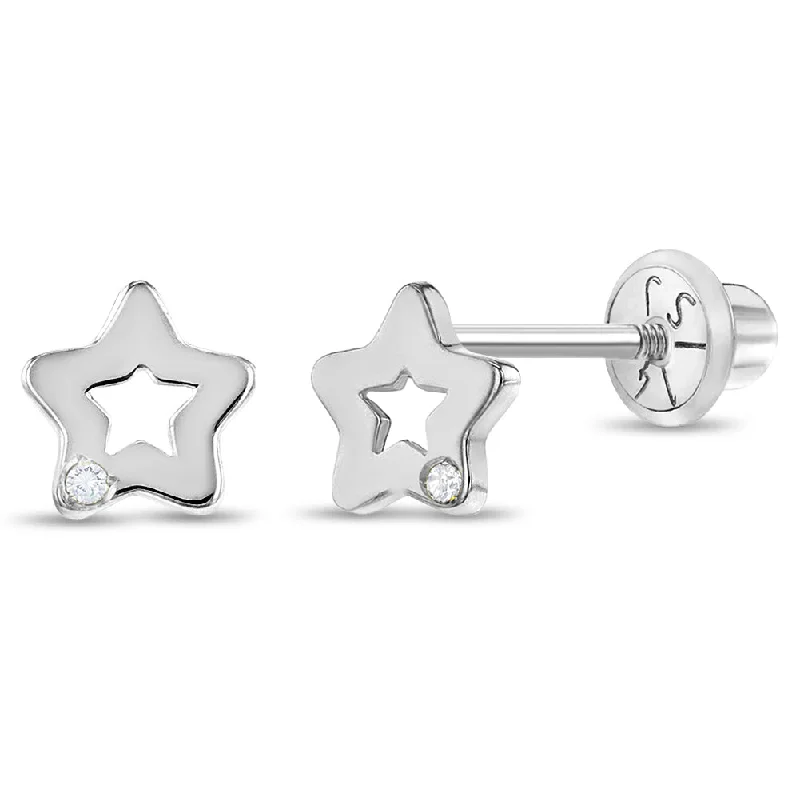 Personalized Jewelry Sale – Unique Gifts At Low Prices 14k White Gold Genuine Diamond Star Baby / Toddler / Kids Earrings Safety Screw Back