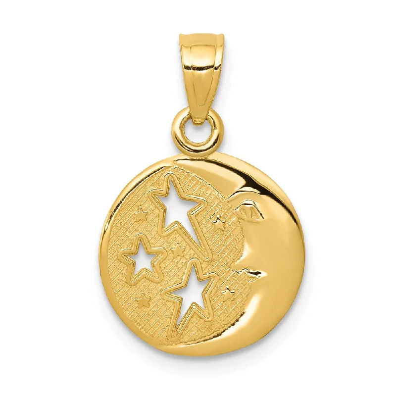 14k Yellow Gold 13mm Moon and Stars Pendant