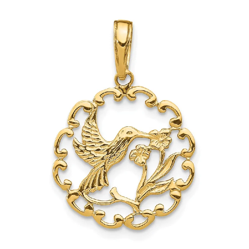 14k Yellow Gold 17mm Framed Hummingbird and Flower Pendant