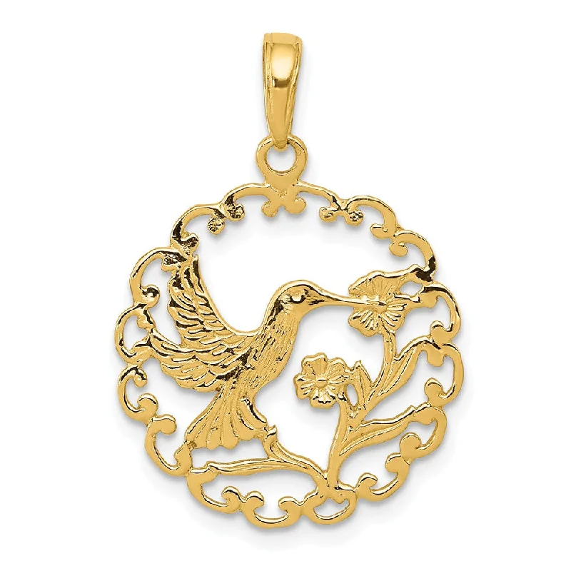 14k Yellow Gold 20mm Framed Hummingbird and Flower Pendant