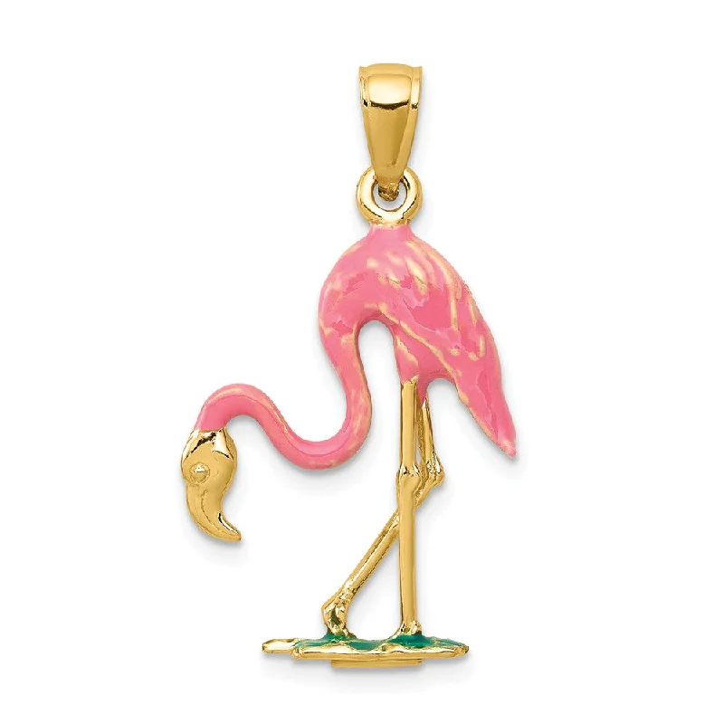 14k Yellow Gold and Enamel 3D Pink Flamingo Pendant