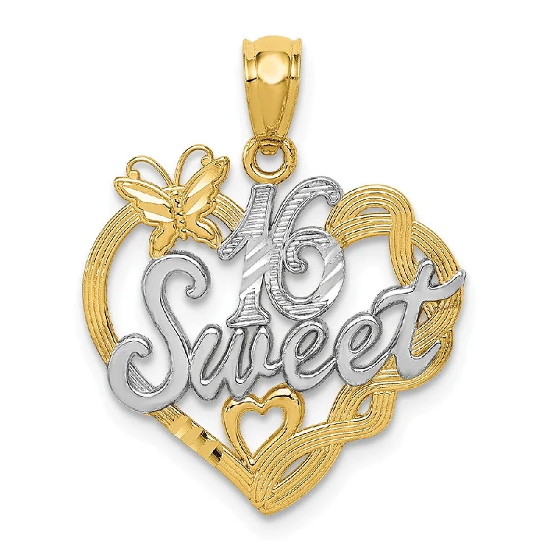 14k Yellow Gold and Rhodium Sweet 16 Butterfly Heart Pendant, 18mm