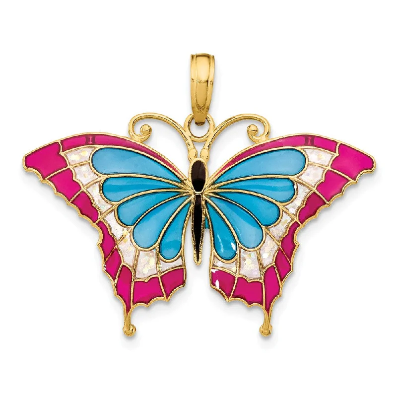 14k Yellow Gold & Blue Translucent Acrylic Butterfly Pendant, 30mm