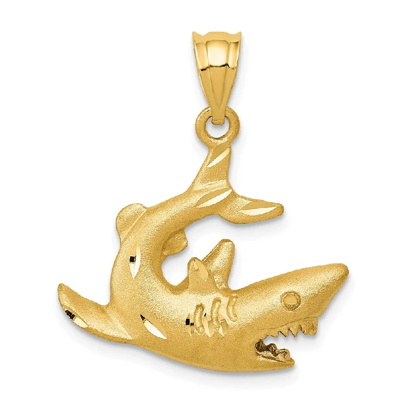 14k Yellow Gold Diamond-Cut & Satin 2D Shark Pendant, 20mm (3/4 Inch)