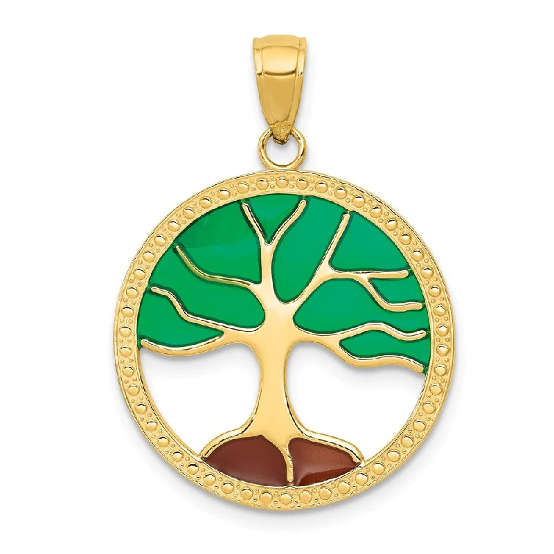 14k Yellow Gold & Enameled Round Tree of Life Pendant, 21mm