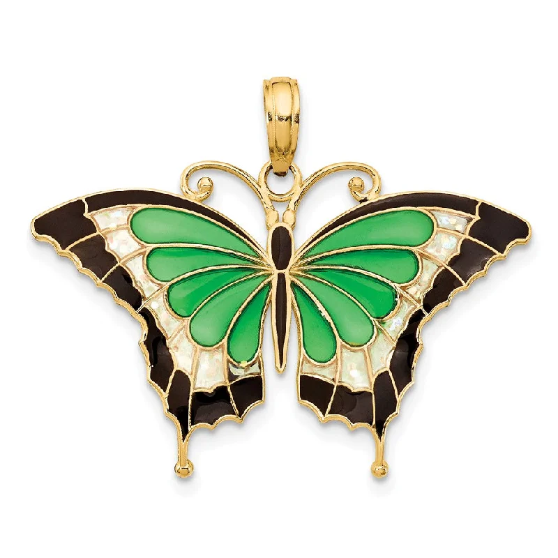 14k Yellow Gold & Green Translucent Acrylic Butterfly Pendant, 30mm