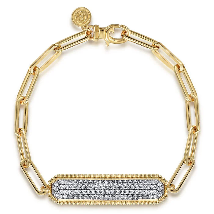 Grab Stylish Jewelry Before The Sale Ends 14K Yellow Gold Hollow Paperclip Chain Diamond Pave ID Bracelet