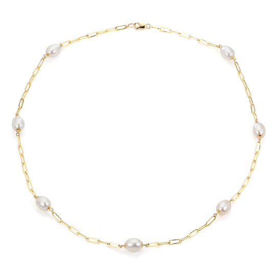 Celebrate Every Occasion With Sparkling Savings 14k Yellow Gold Paper Clip Pearl Station Necklace 18"