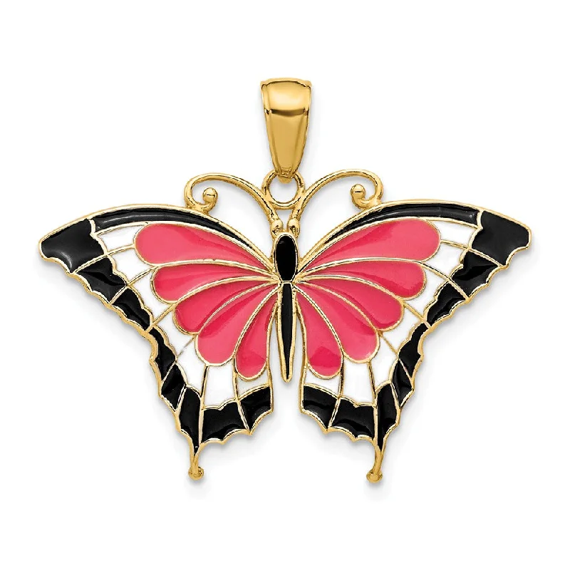 14k Yellow Gold & Pink Translucent Acrylic Butterfly Pendant, 30mm