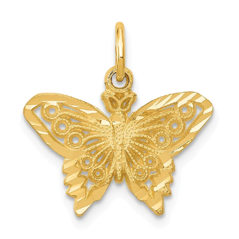 14k Yellow Gold Satin and Diamond Cut Butterfly Charm, 17mm