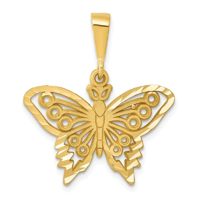 14k Yellow Gold Satin and Diamond Cut Butterfly Pendant, 25mm