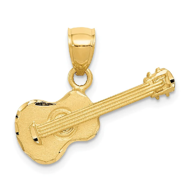 14k Yellow Gold Satin & Diamond Cut 2D Acoustic Guitar Pendant, 20mm