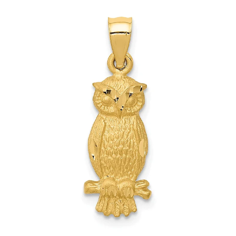 Classic And Modern Jewelry Styles On Sale 14k Yellow Gold Satin & Diamond Cut Owl Pendant, 8mm (5/16 inch)