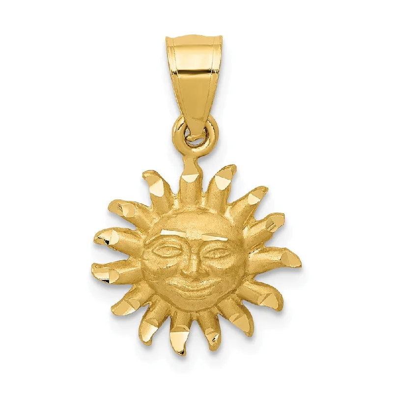 14k Yellow Gold Satin & Diamond Cut Smiling 2D Sun Pendant, 14mm